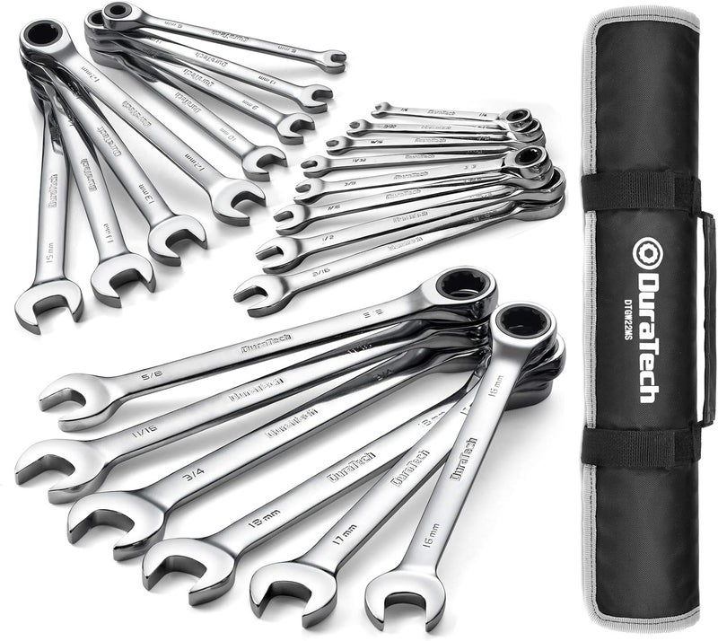 DURATECH Ratcheting Wrench Set, Combination Wrench Set, SAE & Metric, 22-piece, 1/4" to 3/4" & 6-18mm, CR-V Steel, with Pouch - Image 1